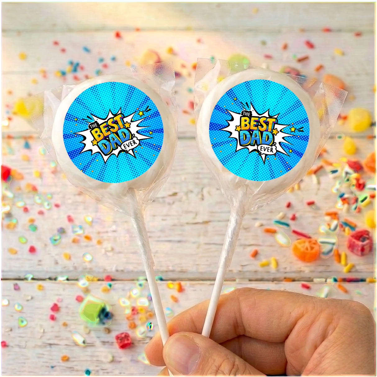 Best Dad Ever Fathers Day Blue Comic Personalised Lollipops