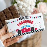 Race car themed chocolate bar wrapper with red wagon graphic and 'THEODORE' text