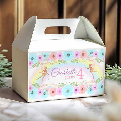 Personalised gable favour box, white with window handle and pastel floral fairy design