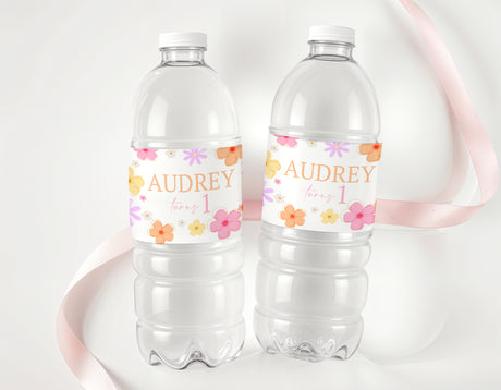Personalised water bottle labels with name Audrey and retro daisy flower border