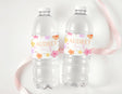 Personalised water bottle labels on clear bottles, Audrey, turns 3, retro daisies