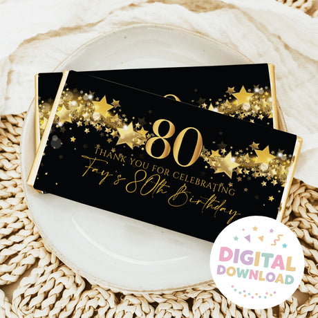 Birthday chocolate bar wrapper with 80 gold stars on black and “For my 80th Birthday” text