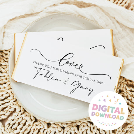 Wedding thank-you card with black cursive 'Love' and names Yahlia & Gary on white