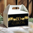 80th birthday gable favour box, black with gold stars and 80, thank you text