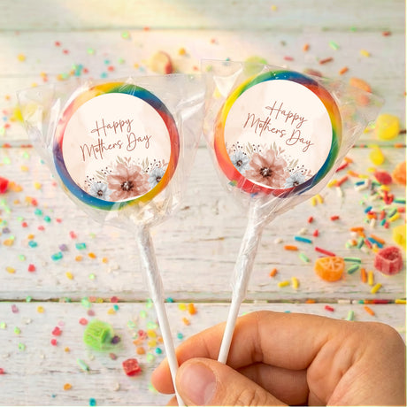 Mother's Day lollipops: rainbow swirl wrappers with floral "Happy Mother's Day"
