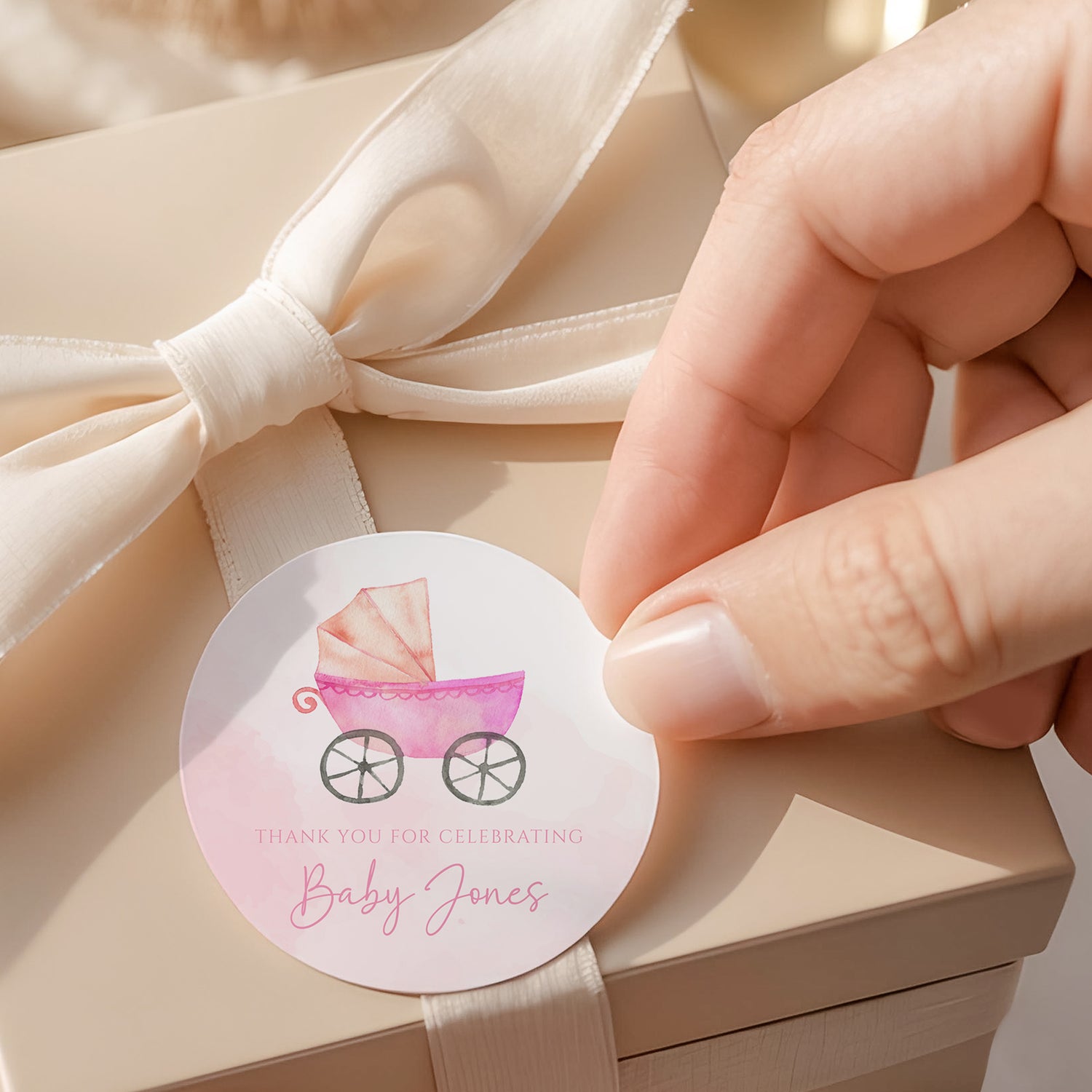 Pink Baby Carriage Baby Shower Round Printed Labels