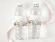 Baby shower water bottles with safari animal labels and thank-you message, two bottles