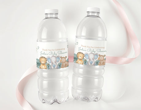 Baby shower water bottles with safari animal labels and thank-you message, two bottles