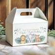Personalised first birthday gable favour box with safari animals and thank-you message