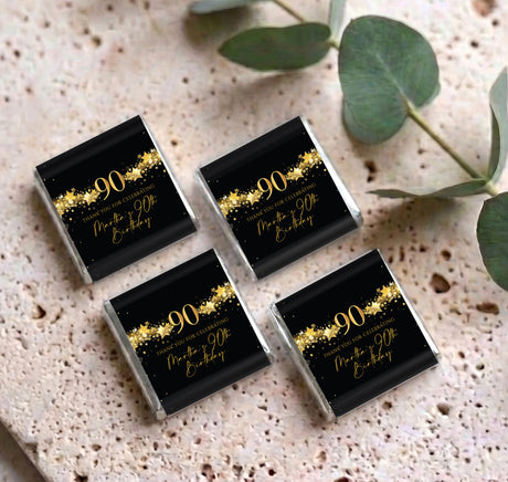 Set of 4 90th birthday mini chocolate boxes: black with gold '90' star designs