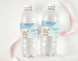 Personalised water bottle label set with blue safari hot air balloons on clear bottles