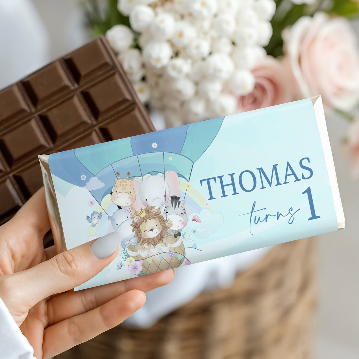 Custom birthday chocolate bar wrapper, blue hot-air balloon animals, Thomas turning 1