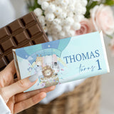 Custom birthday chocolate bar wrapper, blue hot-air balloon animals, Thomas turning 1