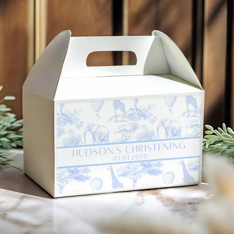 Blue personalised christening favour box with gable top, safari toile print, Hudson's Christening