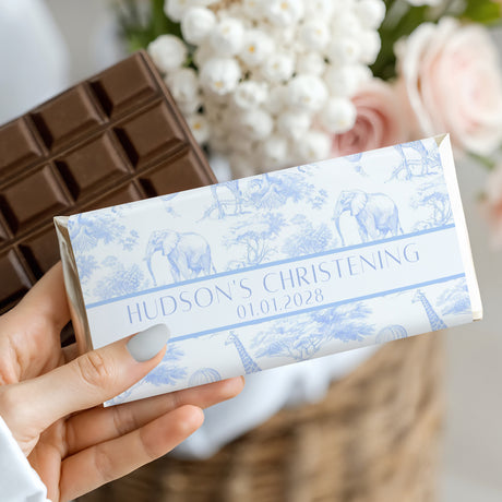Custom christening chocolate bar with blue safari toile wrapper, Christening 01/01/2028.