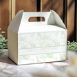 Safari toile christening gable favour box with green print and hand-lettered personalization