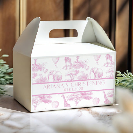 Pink christening gable favour box with handle and printed animals, Ariana's Christening