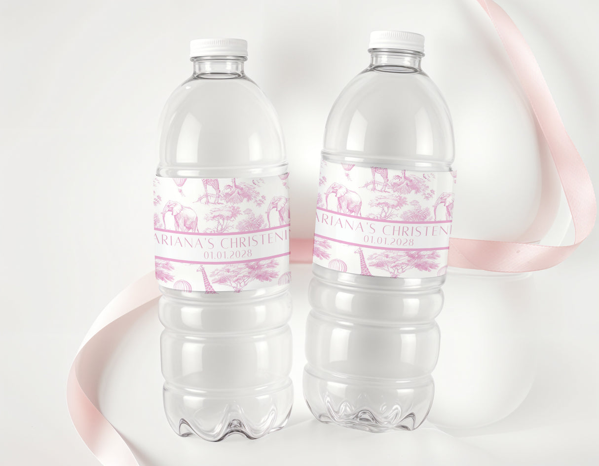 Pink safari toile personalized bottle labels on clear water bottles