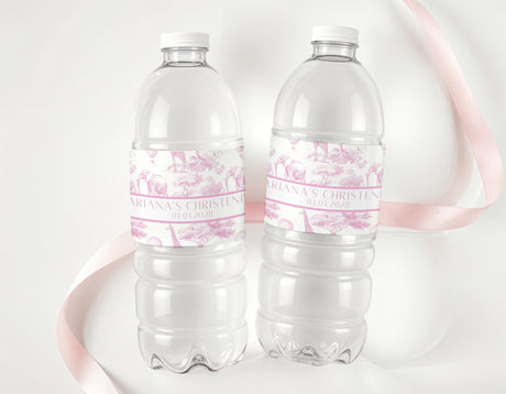 Pink safari toile personalized bottle labels on clear water bottles