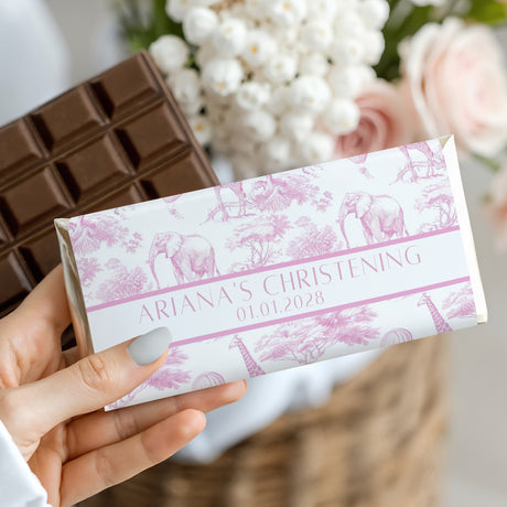 Custom christening chocolate bar, pink safari wrapper with Ariana's Christening label