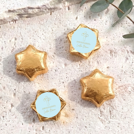 Gold foil-covered chocolate star sweets with cross label, personalised for First Holy Communion