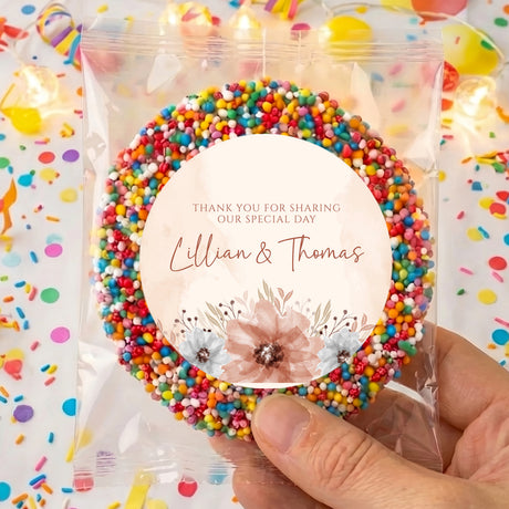 Personalised giant freckles favor with colorful bead border and thank-you floral card