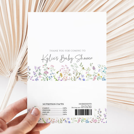 Floral baby shower printed chocolate wrapper with 'Thank you' text, nutrition facts, barcode