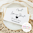 Personalized wedding chocolate bar wrapper with black cursive text and heart; digital download badge