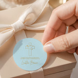 Round blue first communion label with dove and cross print