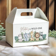 White gable favour box with jungle animals and 'WILD ONE' text.