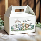 White gable favour box with jungle animals and 'WILD ONE' text.
