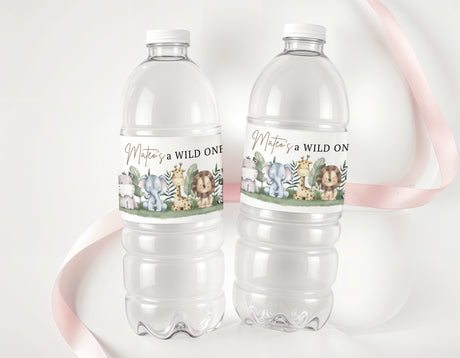 Personalised safari water bottle labels on two clear plastic bottles
