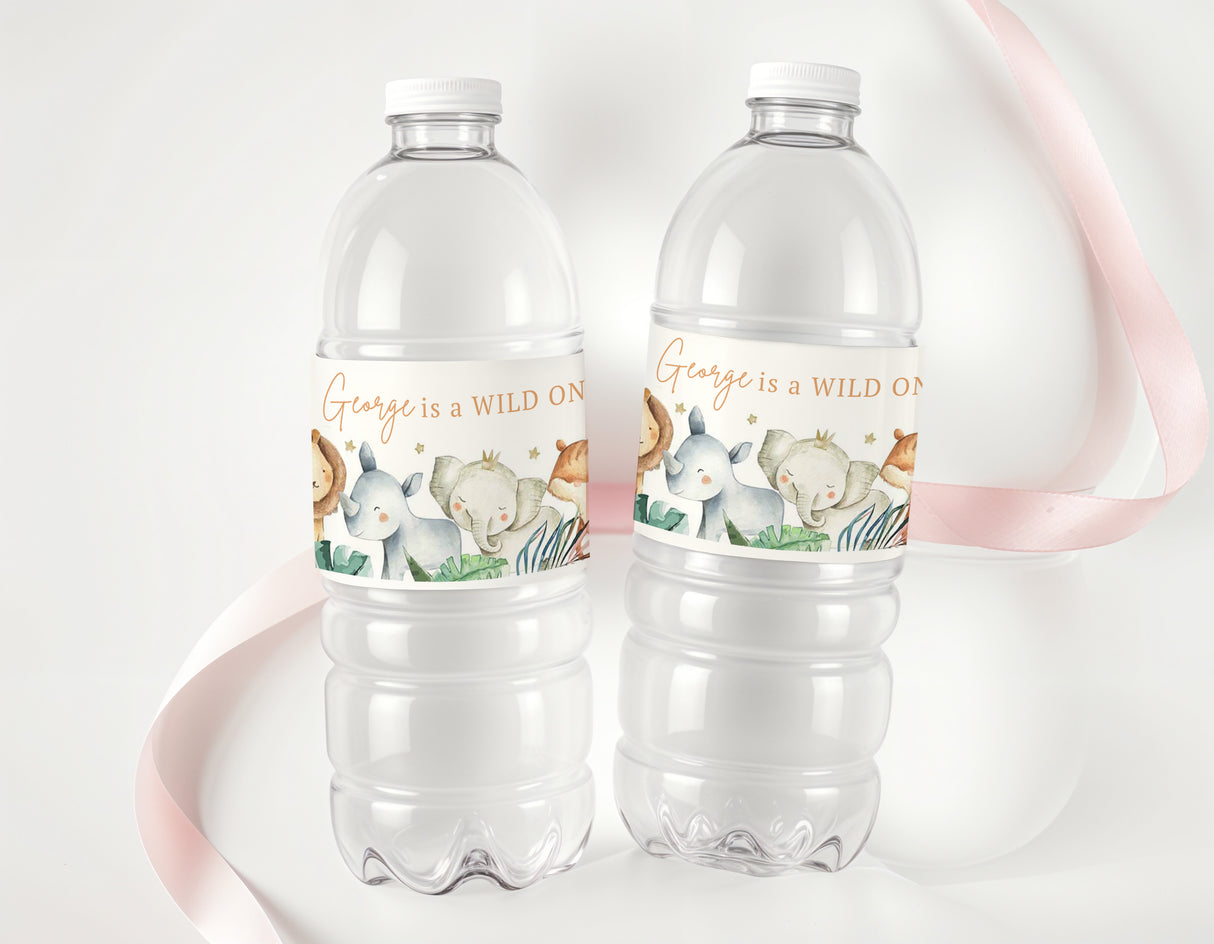 Personalised safari animal bottle labels on clear plastic drink bottles