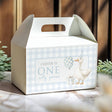 Personalised first birthday favour gable box, blue check with duck graphic and handle cut-out