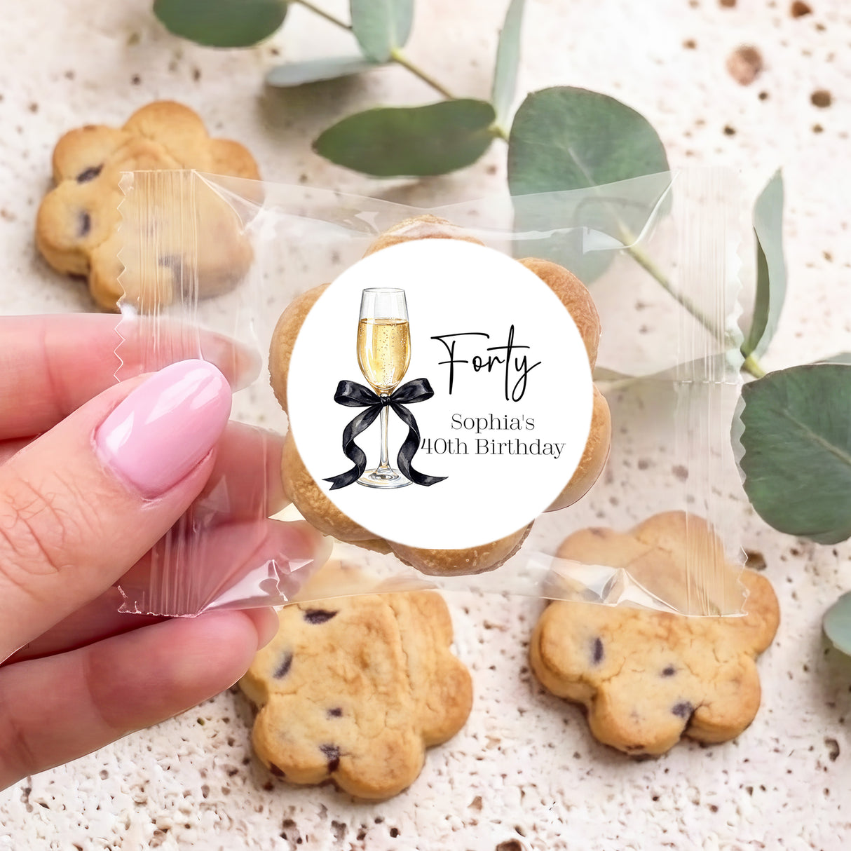Champagne 40th Birthday Personalised Bite Size Choc Chip Cookies