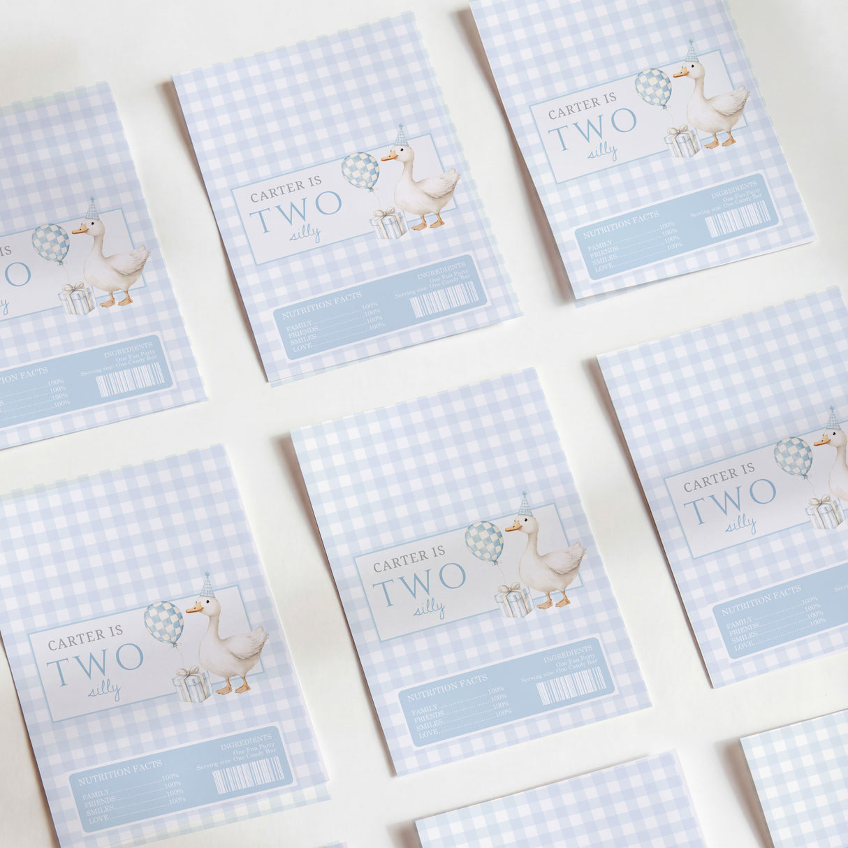 Blue gingham chocolate wrappers with giraffe and 'Two' text, DIY pack of sheets