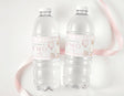 Clear plastic water bottles with pink personalised labels, names and balloon graphic
