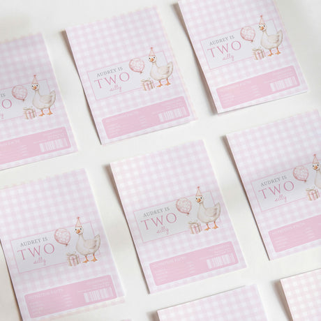 Pink gingham chocolate wrappers with cute character illustration and pink label strips