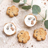 Baby shower choc chip cookies with round bear 'Alissa' labels on wrapped cookies