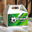 Soccer birthday favor box, green/white with soccer ball and Hudson's 8th text