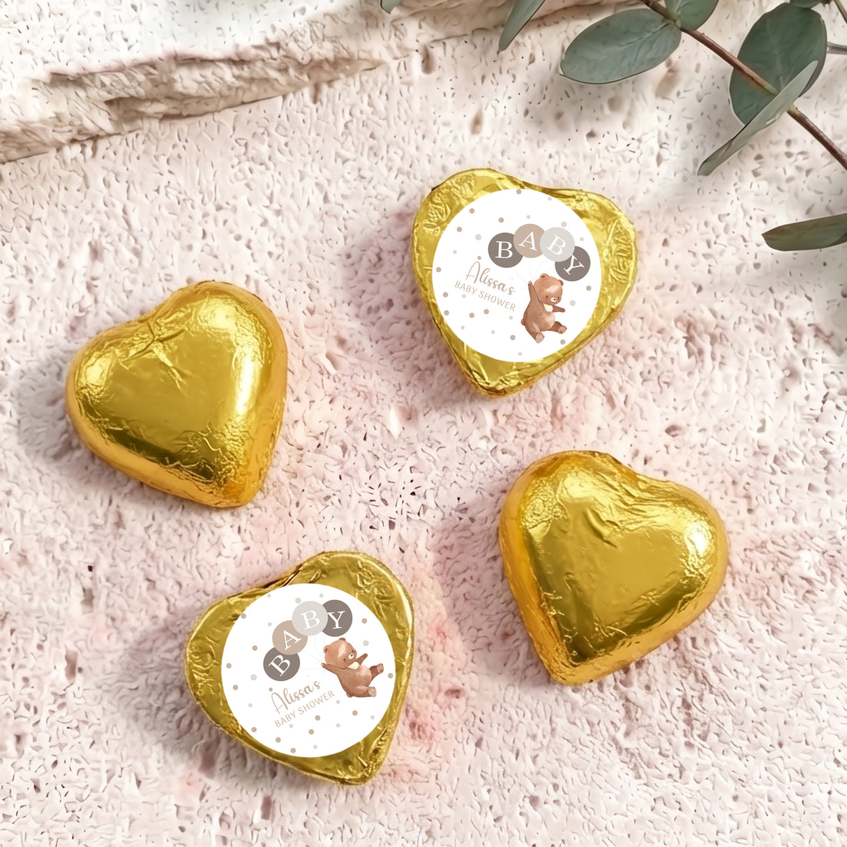 Gold heart foil chocolates with Baby shower label and teddy graphic