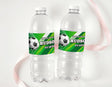 Soccer personalised water bottle labels on clear plastic bottles, green soccer print