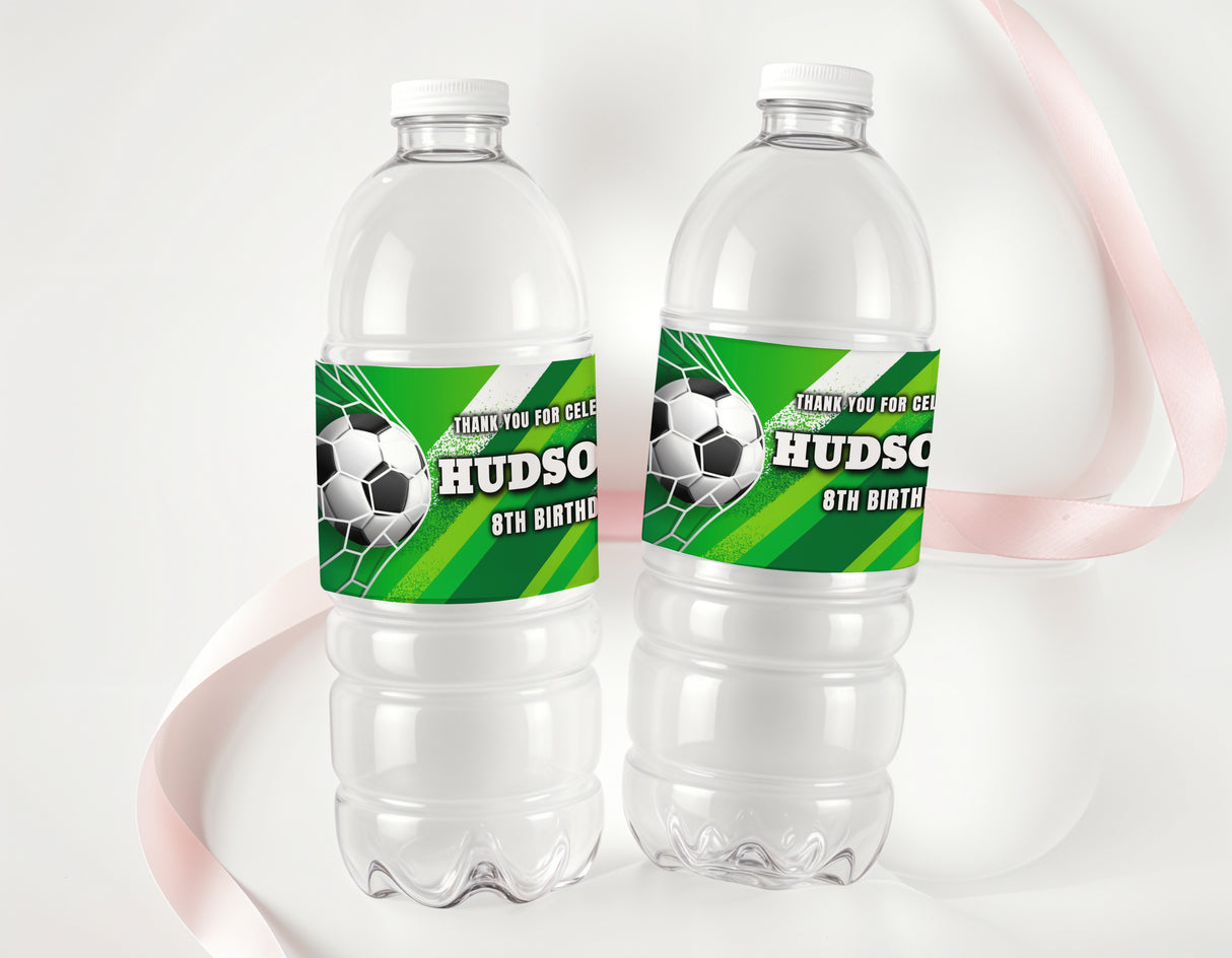 Soccer personalised water bottle labels on clear plastic bottles, green soccer print
