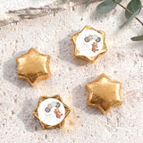 Gold star foil balloons with round baby shower label and bear design