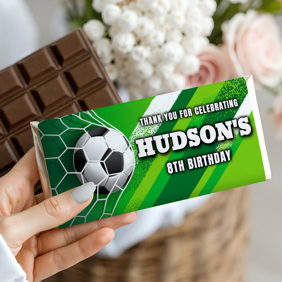 Green soccer birthday chocolate bar wrapper with soccer ball and 8th birthday text