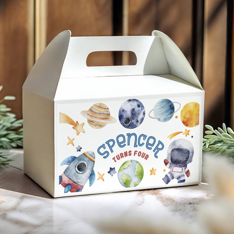 Personalised gable favor box, white with space planets and cutout handle