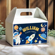 Navy space gable favour box with astronaut, rocket, planets, and William turns three