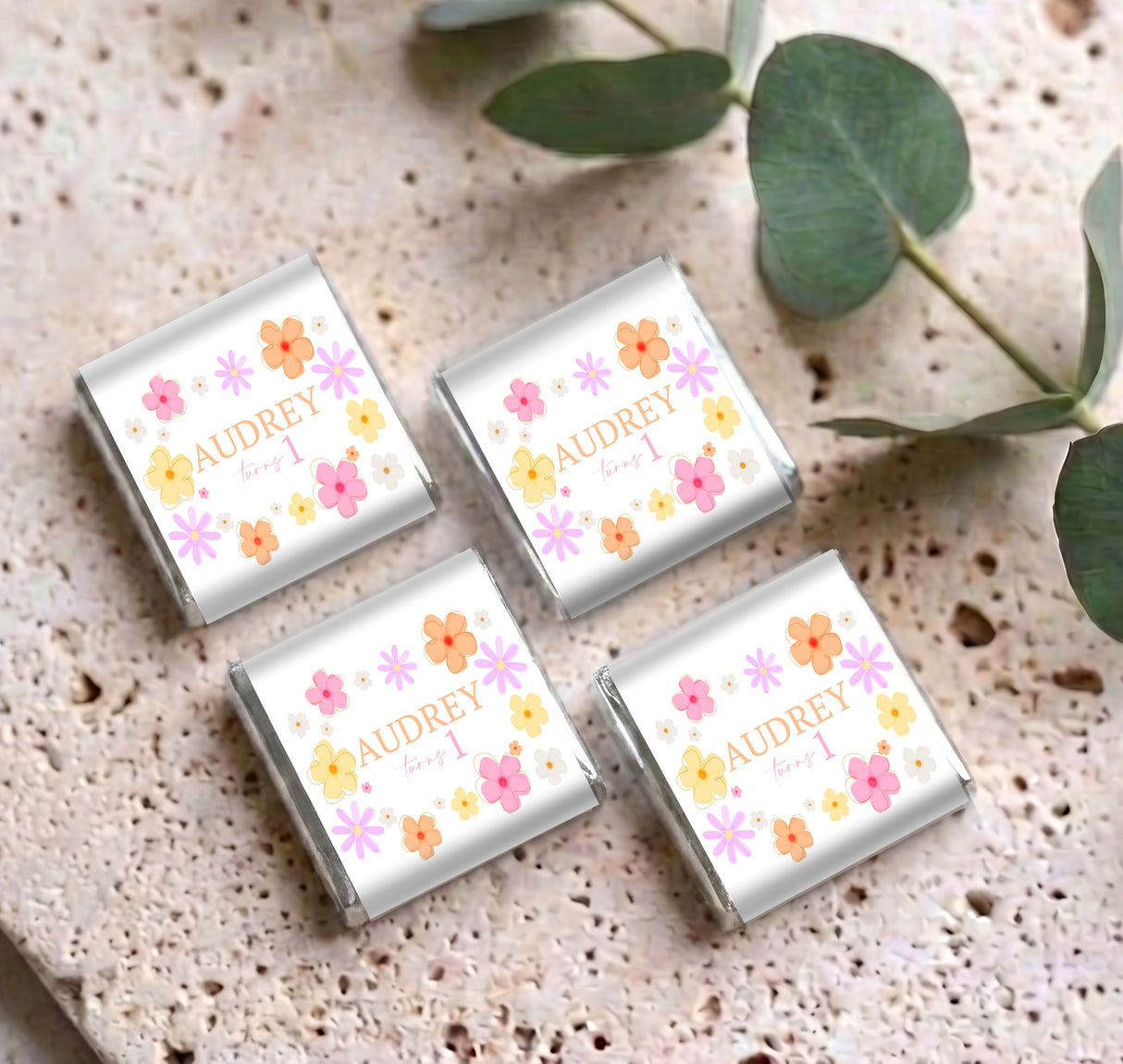 Set of four personalised mini chocolate wrappers with floral daisies and AUDREY 1