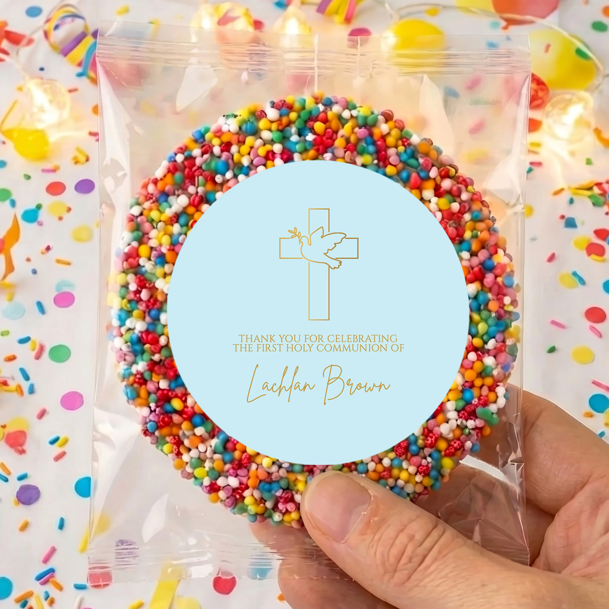 Bead-covered circular First Holy Communion gift bag with light blue round card and gold cross