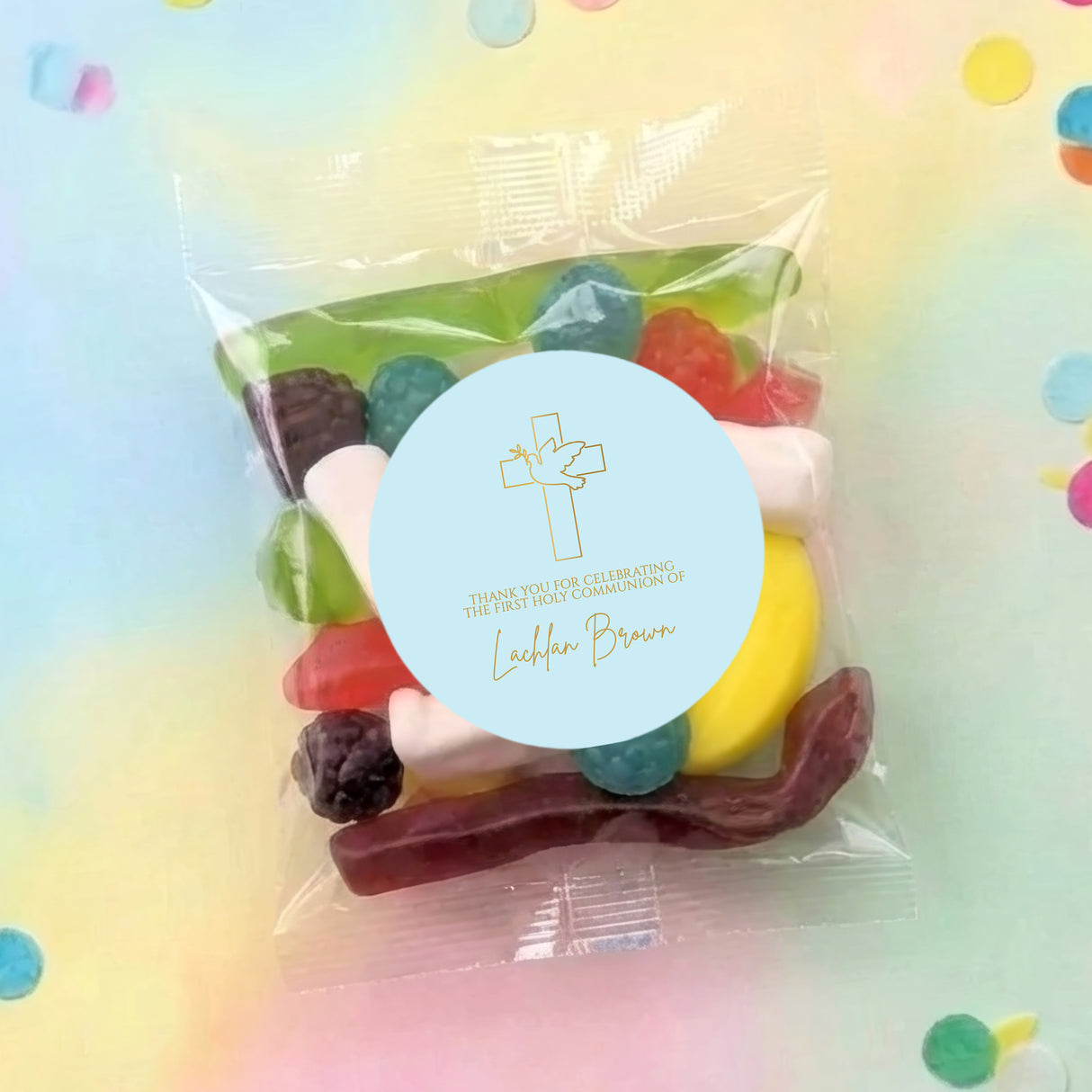 Blue dove cross First Holy Communion personalised lolly bag with mixed sweets inside